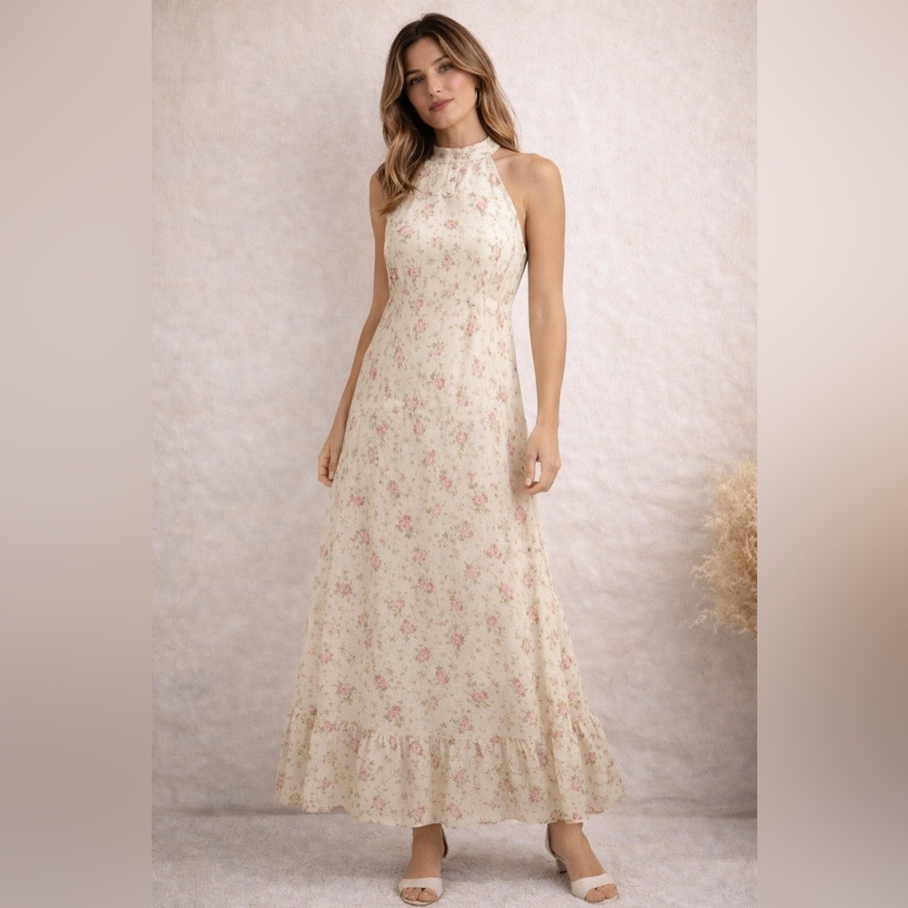 Cream Floral Maxi Dress Cottagecore Romantic Tiered Ruffle Hem Sleeveless